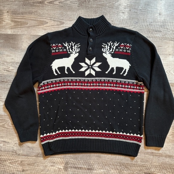 Chaps Sweater Mens Size L Black Snowflake Dear Pullover 1/4 Button Down - Picture 2 of 11